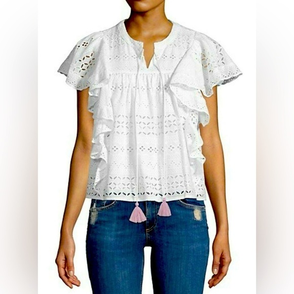 Rebecca Minkoff Caro White Eyelet Flutter Sleeve Boho Lace Tassel Blouse - Picture 1 of 10